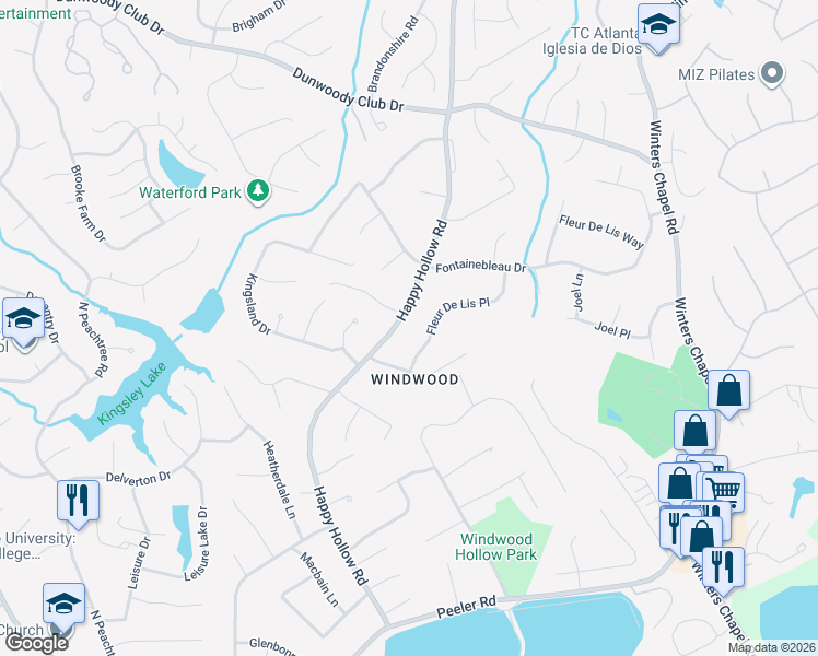 map of restaurants, bars, coffee shops, grocery stores, and more near 5201 Happy Hollow Road in Atlanta
