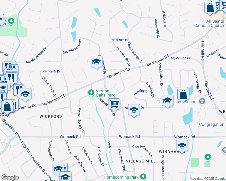 map of restaurants, bars, coffee shops, grocery stores, and more near 1703 Brandywine Court in Dunwoody