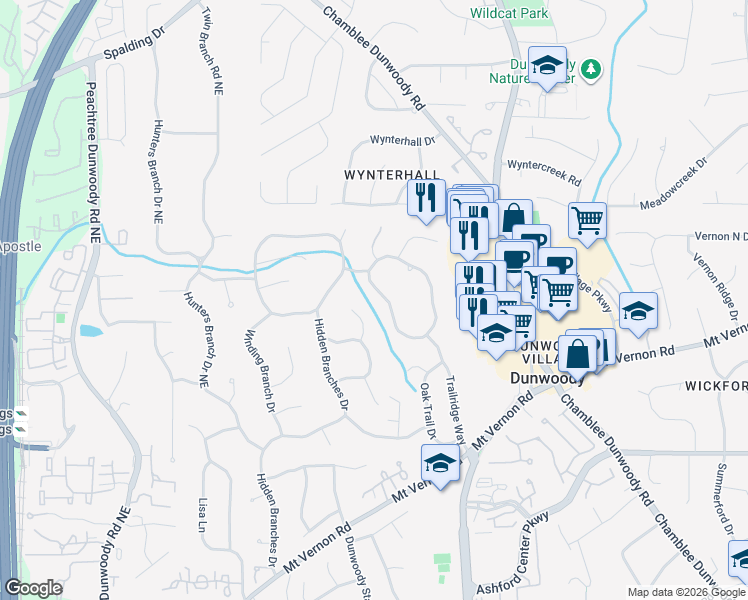 map of restaurants, bars, coffee shops, grocery stores, and more near 4986 Hidden Branches Circle in Dunwoody