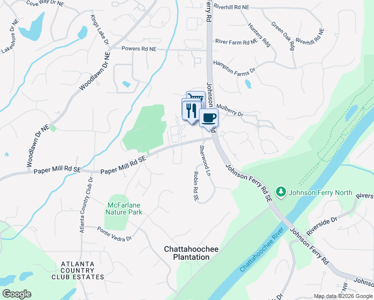 map of restaurants, bars, coffee shops, grocery stores, and more near 200 Village Parkway Northeast in Marietta