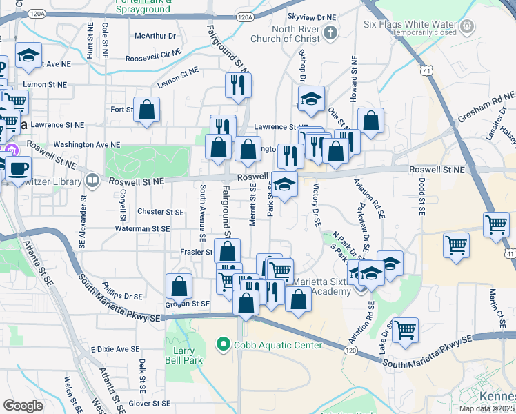map of restaurants, bars, coffee shops, grocery stores, and more near 61 Merritt Street Southeast in Marietta