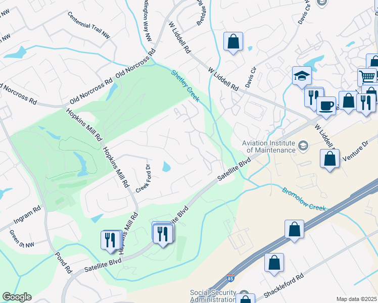 map of restaurants, bars, coffee shops, grocery stores, and more near 2215 Amelia Court in Duluth