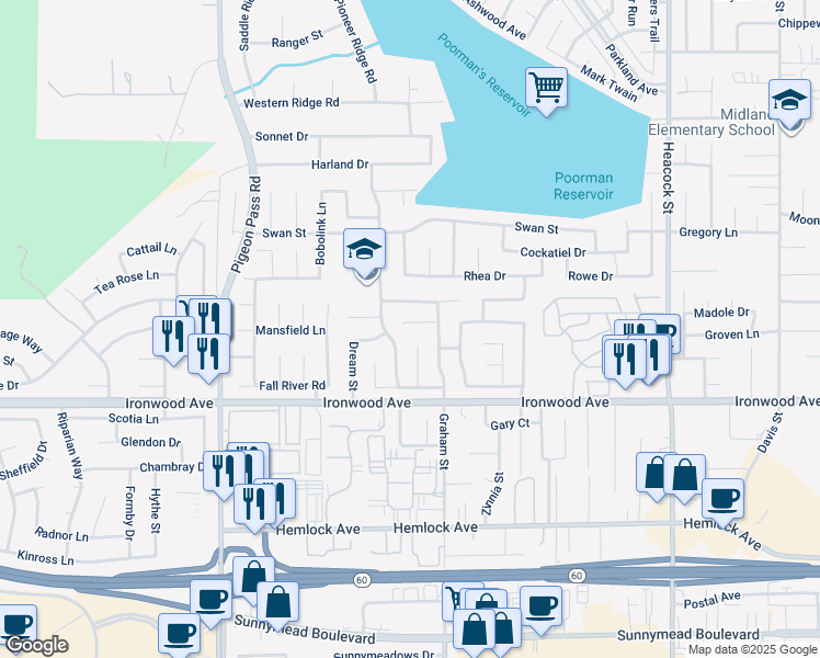 map of restaurants, bars, coffee shops, grocery stores, and more near 23431 Shady Glen Court in Moreno Valley