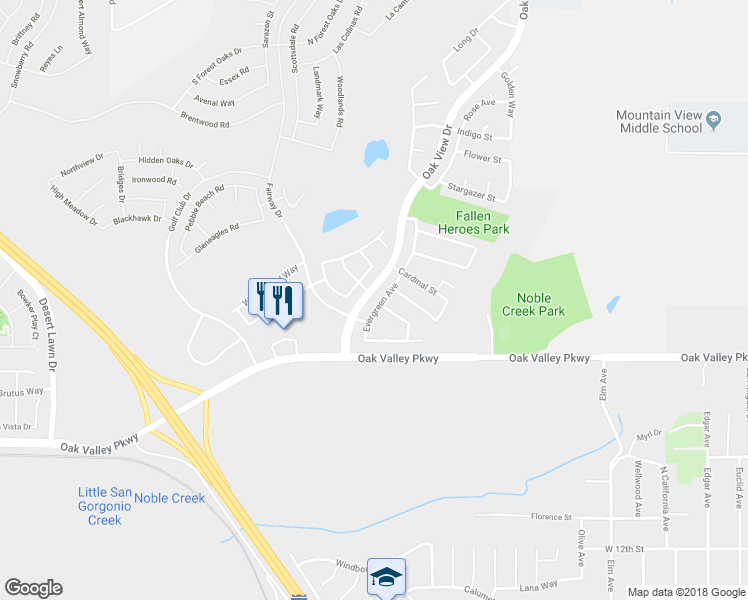 map of restaurants, bars, coffee shops, grocery stores, and more near 1457 Evergreen Avenue in Beaumont
