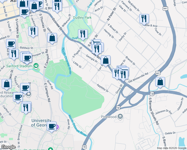 map of restaurants, bars, coffee shops, grocery stores, and more near 950 Oconee Street in Athens