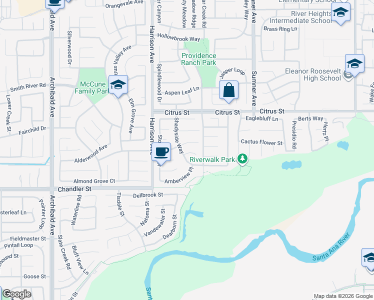 map of restaurants, bars, coffee shops, grocery stores, and more near 13672 Perry Ann Circle in Corona