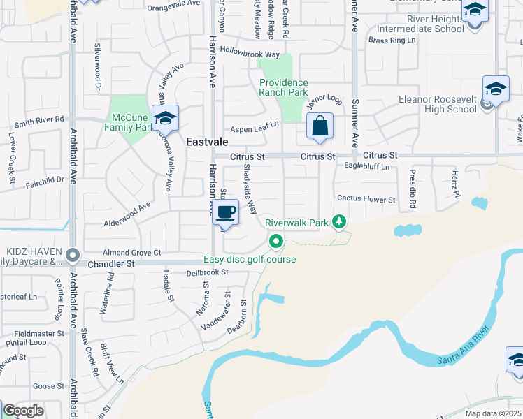 map of restaurants, bars, coffee shops, grocery stores, and more near 13672 Perry Ann Circle in Corona