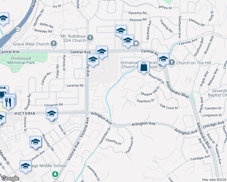 map of restaurants, bars, coffee shops, grocery stores, and more near 2552 Sunset Drive in Riverside