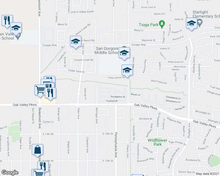 map of restaurants, bars, coffee shops, grocery stores, and more near Camellia Drive in Beaumont