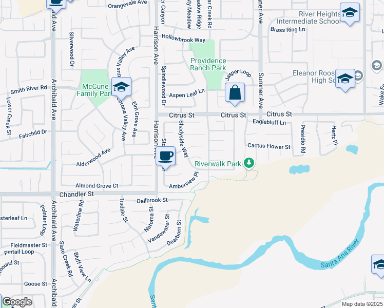 map of restaurants, bars, coffee shops, grocery stores, and more near 13672 Perry Ann Circle in Corona