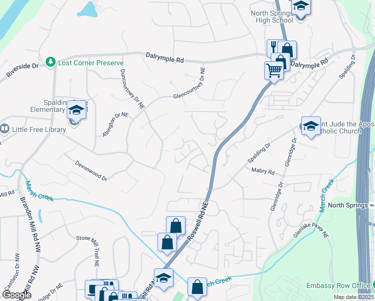 map of restaurants, bars, coffee shops, grocery stores, and more near 7114 Stonington Drive Northeast in Atlanta