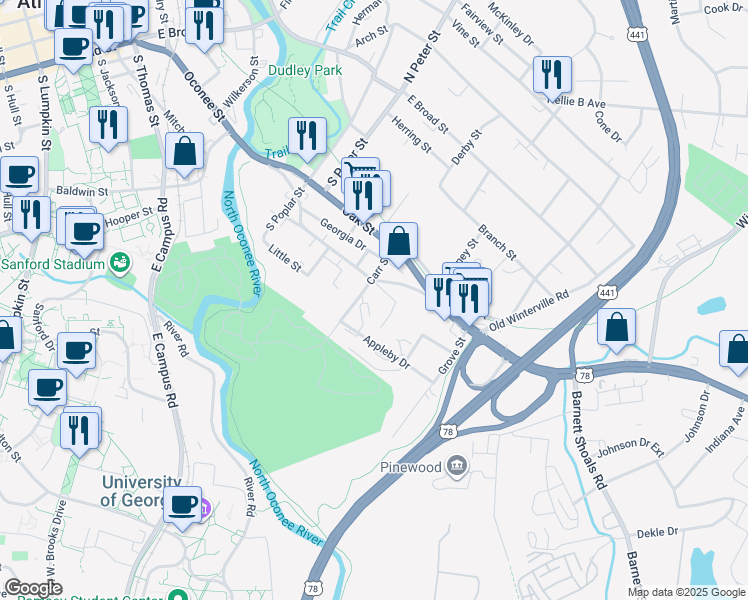 map of restaurants, bars, coffee shops, grocery stores, and more near 290 Appleby Drive in Athens