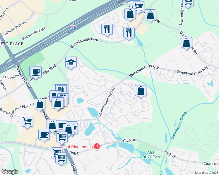 map of restaurants, bars, coffee shops, grocery stores, and more near 3250 Sweetwater Road in Lawrenceville