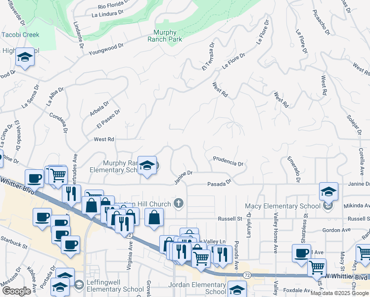 map of restaurants, bars, coffee shops, grocery stores, and more near 9831 Cullman Avenue in Whittier