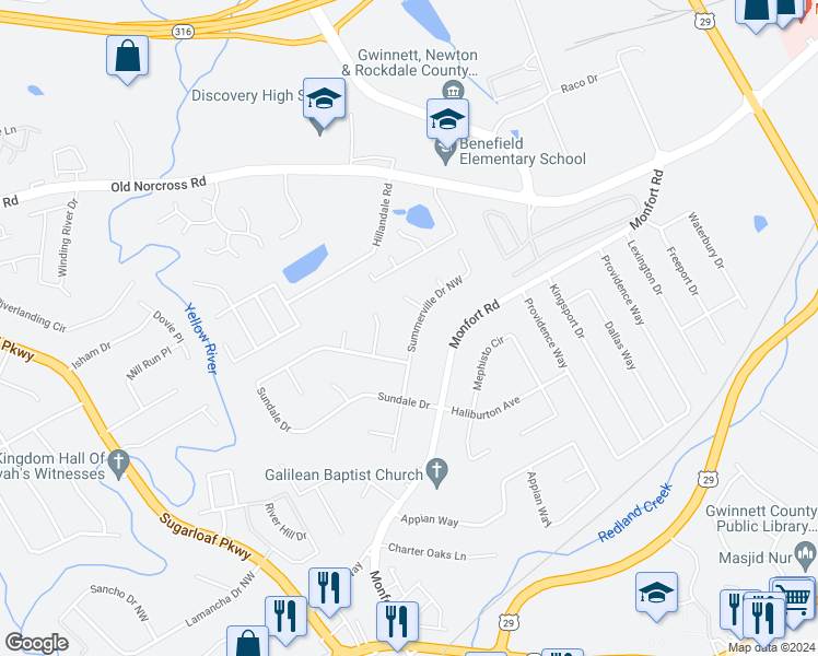map of restaurants, bars, coffee shops, grocery stores, and more near 488 Summerville Drive Northwest in Lawrenceville