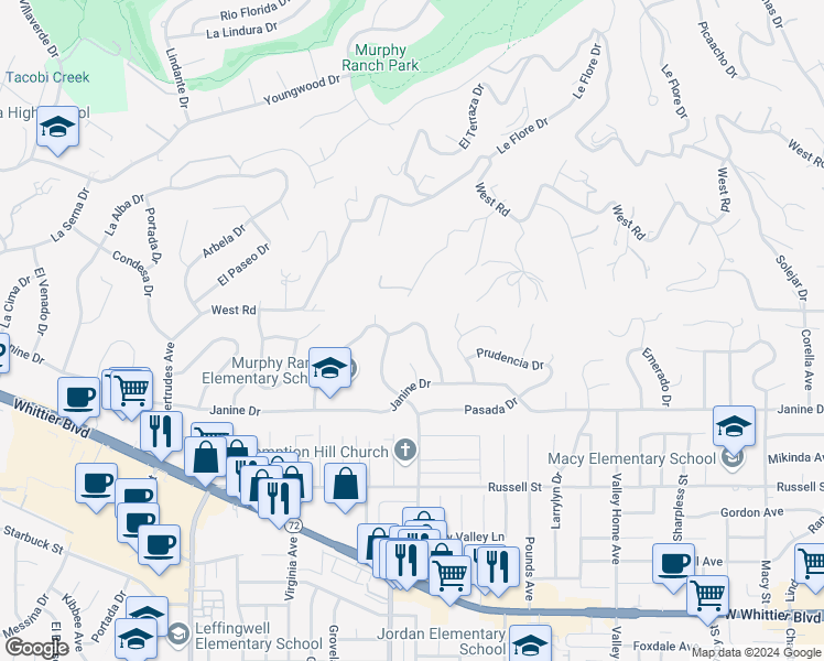 map of restaurants, bars, coffee shops, grocery stores, and more near 9831 Cullman Avenue in Whittier