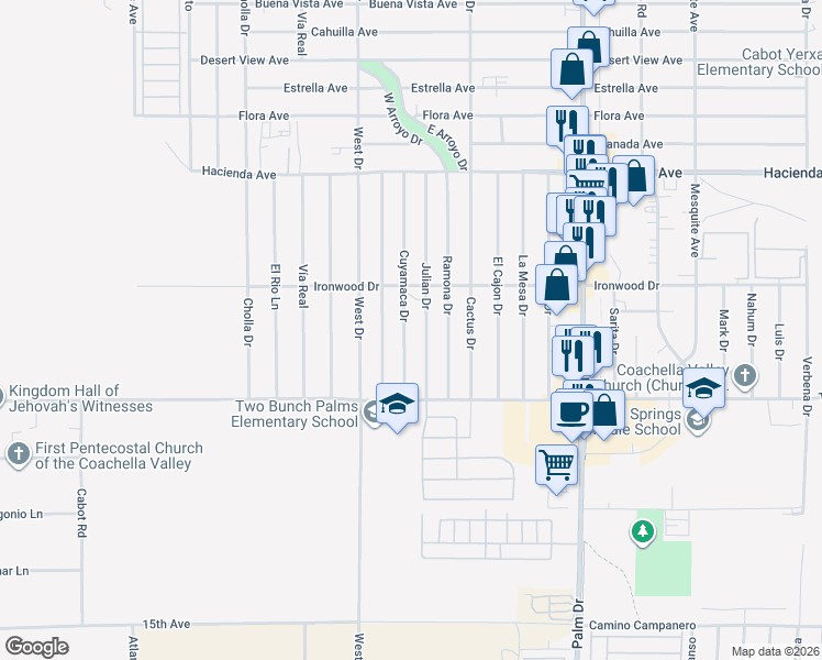 map of restaurants, bars, coffee shops, grocery stores, and more near 13680 Cuyamaca Drive in Desert Hot Springs