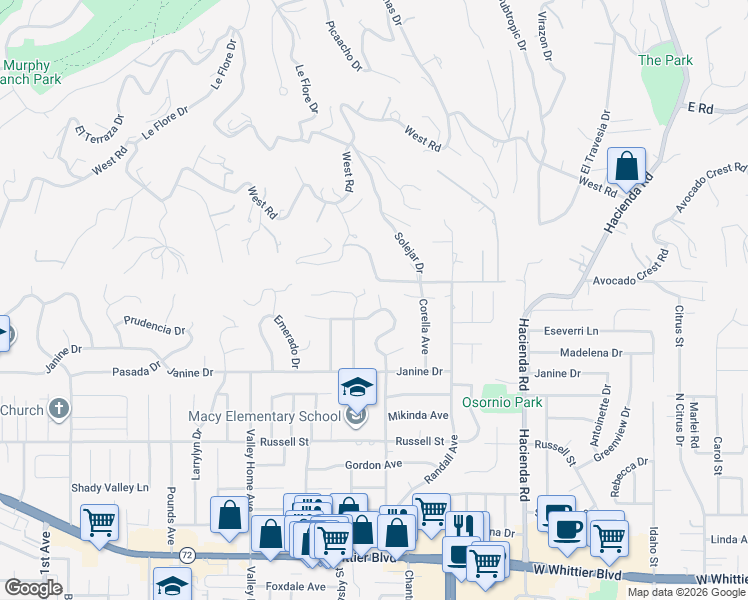 map of restaurants, bars, coffee shops, grocery stores, and more near 9811 Capulet Avenue in Whittier