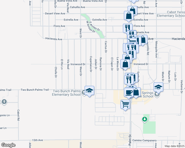 map of restaurants, bars, coffee shops, grocery stores, and more near 13680 Cuyamaca Drive in Desert Hot Springs