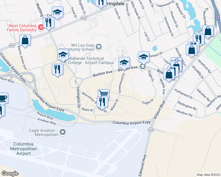 map of restaurants, bars, coffee shops, grocery stores, and more near 1614 Walterboro Street in West Columbia