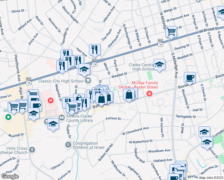 map of restaurants, bars, coffee shops, grocery stores, and more near 291 Henderson Extension in Athens