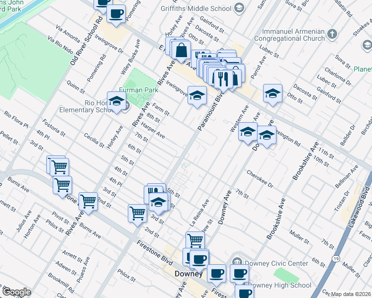 map of restaurants, bars, coffee shops, grocery stores, and more near 7969 Harper Avenue in Downey