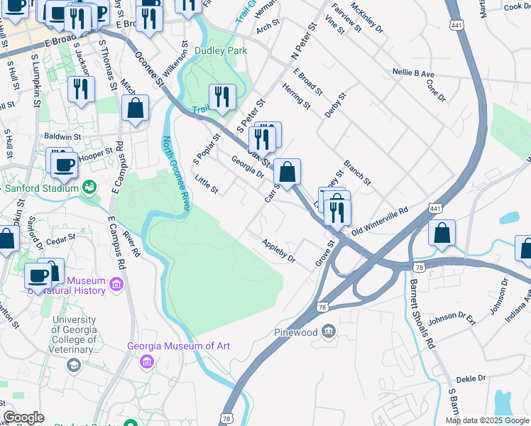 map of restaurants, bars, coffee shops, grocery stores, and more near 290 Appleby Drive in Athens