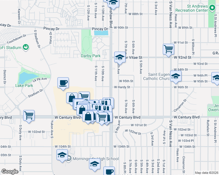 map of restaurants, bars, coffee shops, grocery stores, and more near 9550 Crenshaw Boulevard in Inglewood