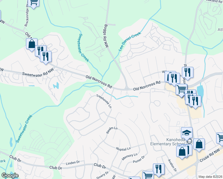 map of restaurants, bars, coffee shops, grocery stores, and more near 1350 Baldridge Drive in Lawrenceville