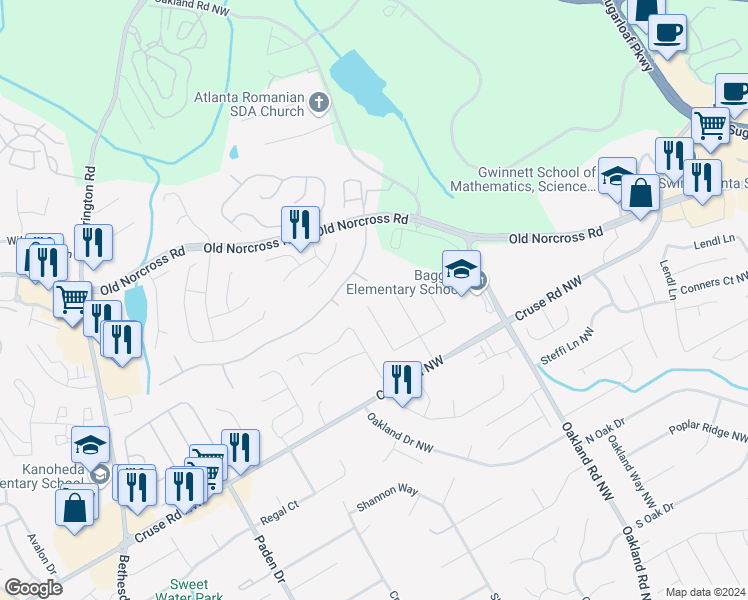 map of restaurants, bars, coffee shops, grocery stores, and more near 766 Terrace Trce in Lawrenceville