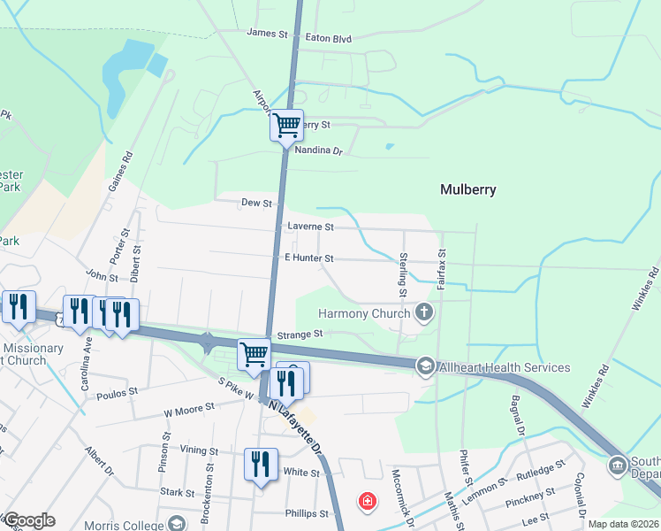 map of restaurants, bars, coffee shops, grocery stores, and more near 101 East Hunter Street in Sumter