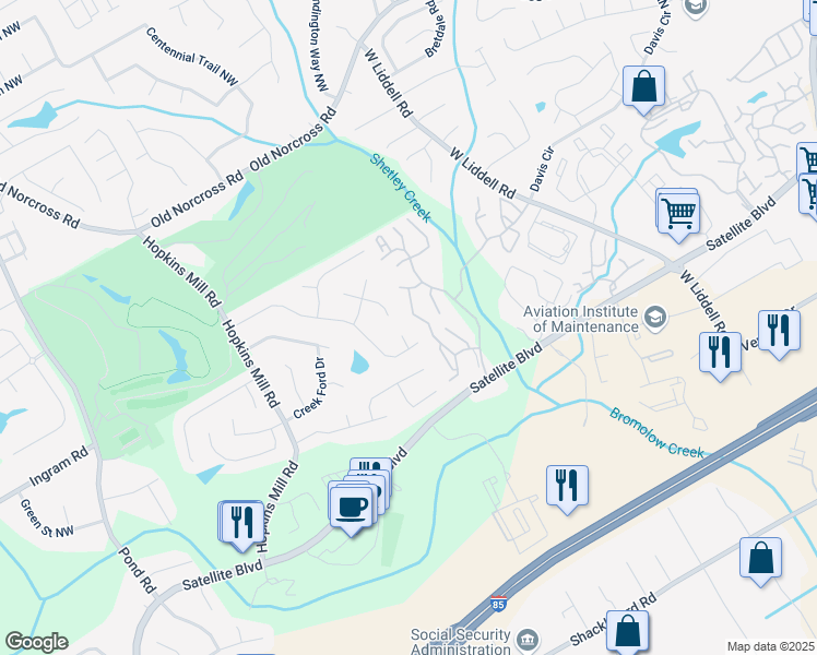 map of restaurants, bars, coffee shops, grocery stores, and more near 2215 Amelia Court in Duluth