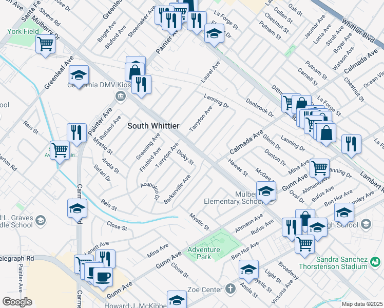 map of restaurants, bars, coffee shops, grocery stores, and more near 13724 Mulberry Drive in Whittier