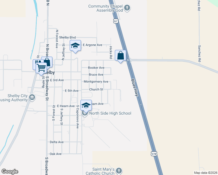 map of restaurants, bars, coffee shops, grocery stores, and more near 1104 Montgomery Avenue in Shelby