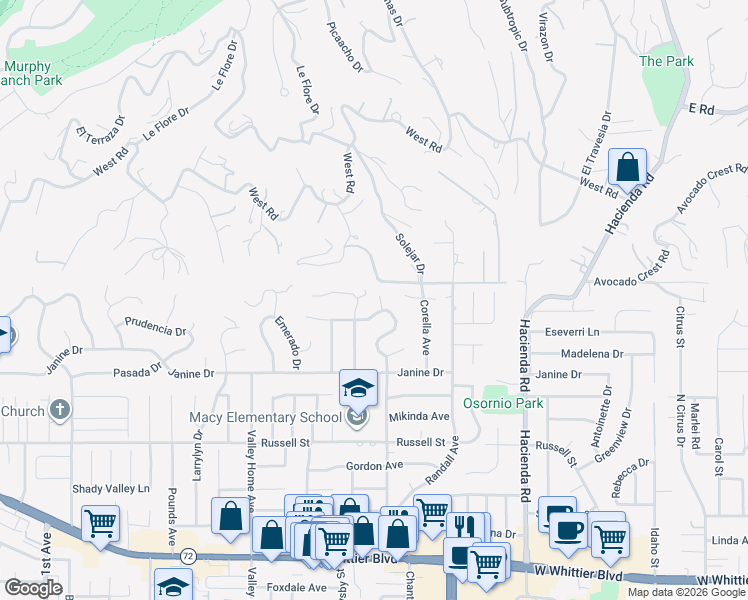 map of restaurants, bars, coffee shops, grocery stores, and more near 9811 Capulet Avenue in Whittier