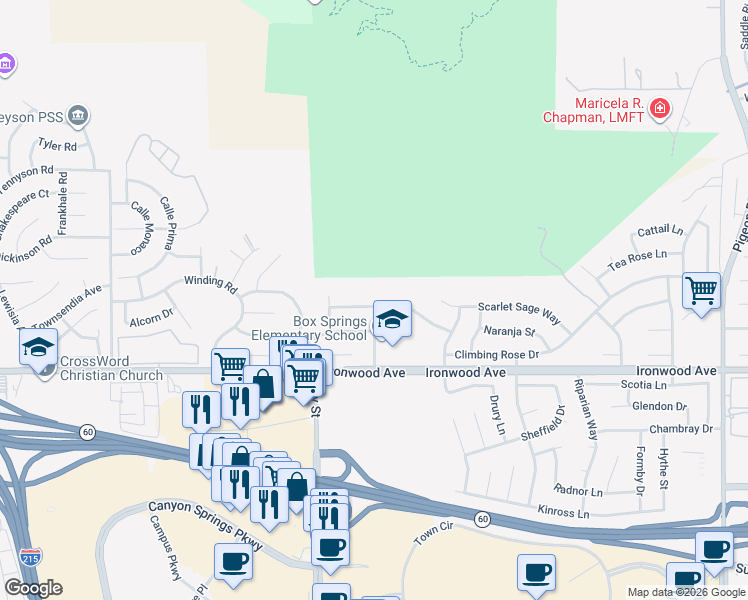 map of restaurants, bars, coffee shops, grocery stores, and more near 22146 Naples Drive in Moreno Valley