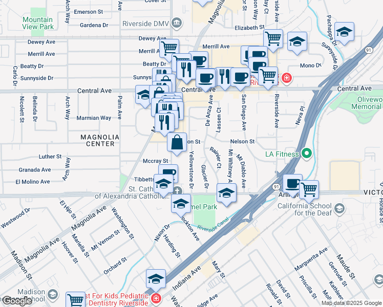 map of restaurants, bars, coffee shops, grocery stores, and more near Yellowstone Drive in Riverside