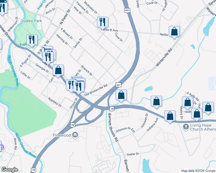map of restaurants, bars, coffee shops, grocery stores, and more near 340 Old Winterville Road in Athens