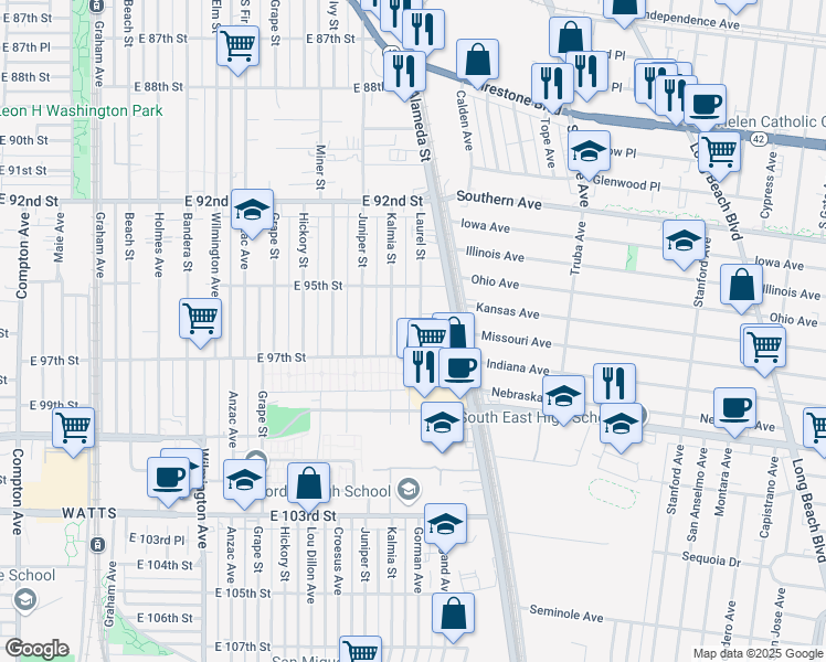 map of restaurants, bars, coffee shops, grocery stores, and more near 9613 Laurel Street in Los Angeles