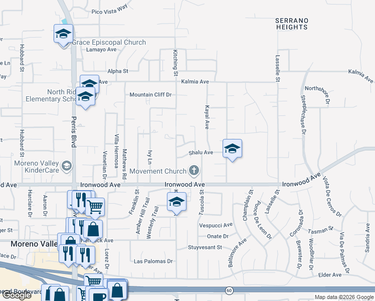 map of restaurants, bars, coffee shops, grocery stores, and more near 25552 Shalu Avenue in Moreno Valley