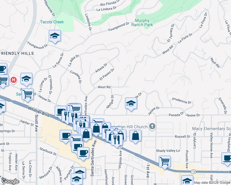 map of restaurants, bars, coffee shops, grocery stores, and more near 15914 West Road in Whittier