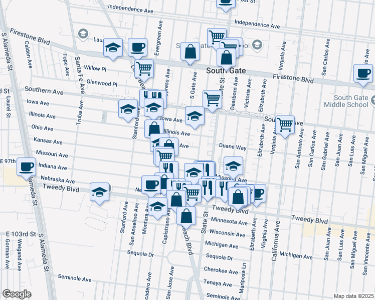 map of restaurants, bars, coffee shops, grocery stores, and more near 3142 Ohio Avenue in South Gate