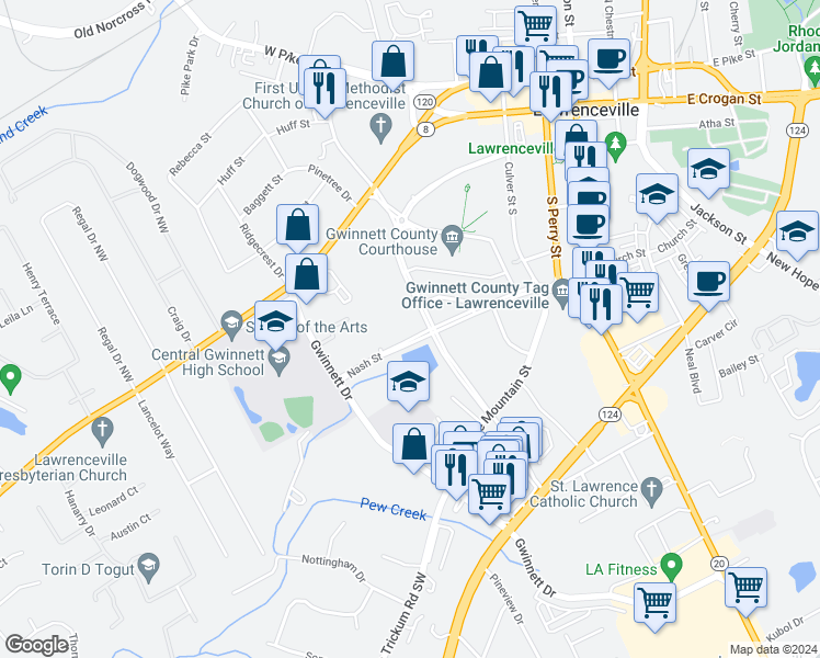 map of restaurants, bars, coffee shops, grocery stores, and more near 95 Constitution Boulevard Southwest in Lawrenceville