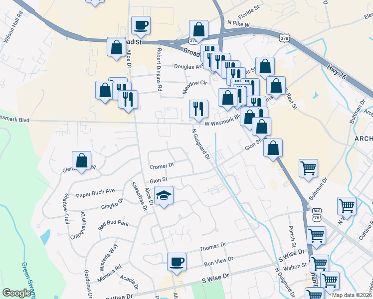 map of restaurants, bars, coffee shops, grocery stores, and more near 71 Cromer Drive in Sumter