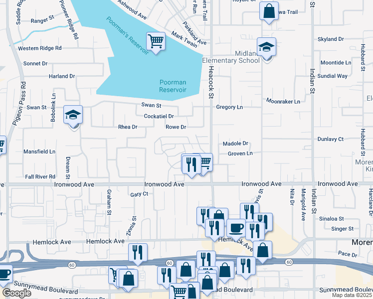 map of restaurants, bars, coffee shops, grocery stores, and more near 23820 Ironwood Avenue in Moreno Valley