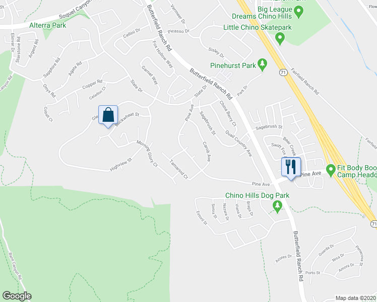 map of restaurants, bars, coffee shops, grocery stores, and more near 5383 Buttonwood Court in Chino Hills
