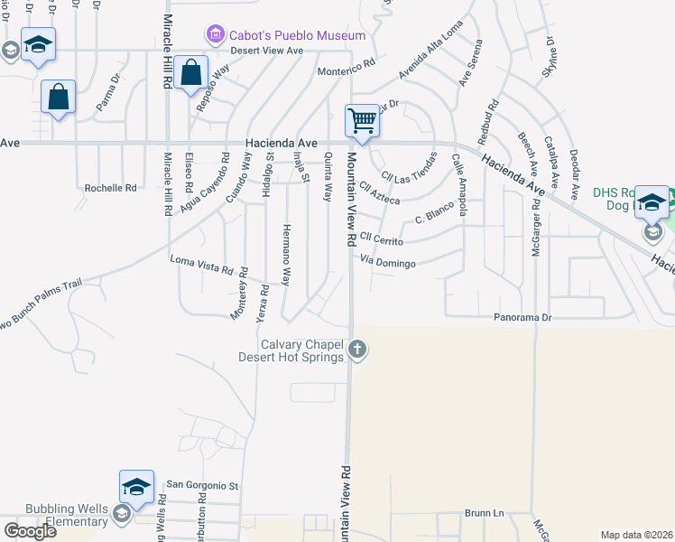 map of restaurants, bars, coffee shops, grocery stores, and more near 13630 Mountain View Road in Desert Hot Springs