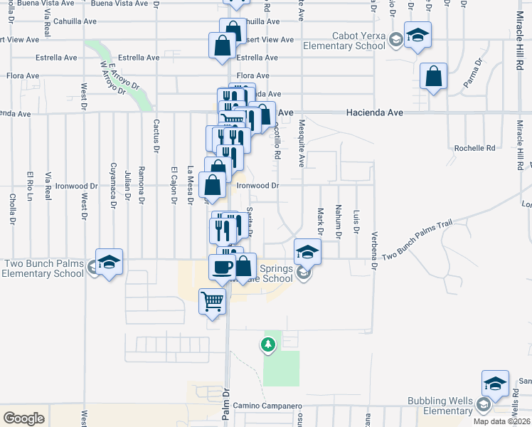 map of restaurants, bars, coffee shops, grocery stores, and more near 66621 Joseph Way in Desert Hot Springs