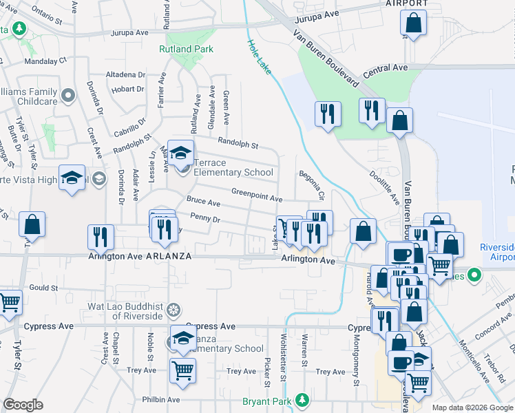 map of restaurants, bars, coffee shops, grocery stores, and more near 8444 Greenpoint Avenue in Riverside