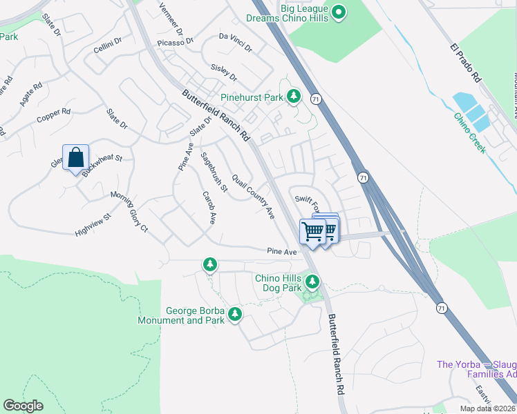 map of restaurants, bars, coffee shops, grocery stores, and more near 16753 Quail Country Avenue in Chino Hills